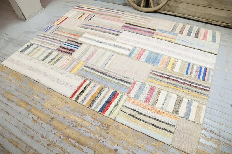 83x113, Kilim, Tribal Flatweave Area Rug, Turkish Handwoven White Beige Ivory Neutral, Stripe Patch Geometric Modern Natural Boho Chic photo furniture