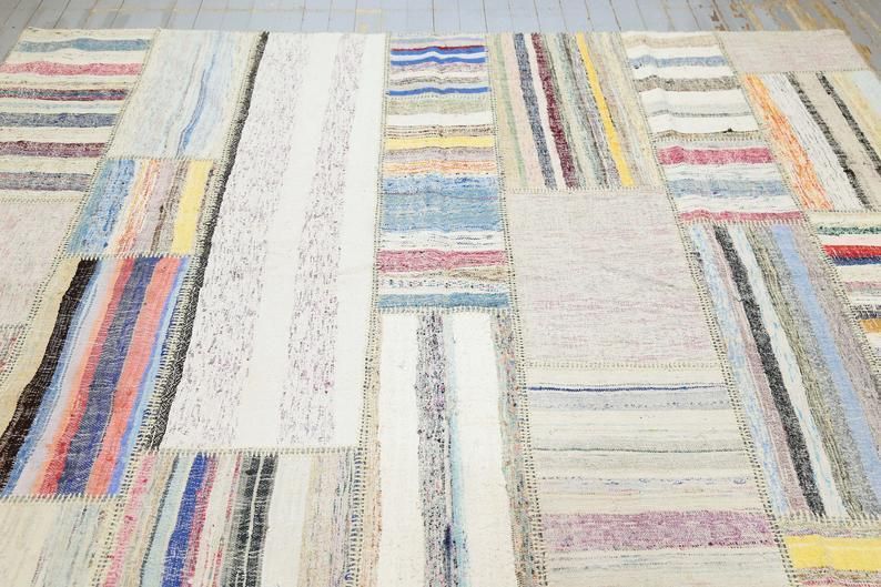 83x113, Kilim, Tribal Flatweave Area Rug, Turkish Handwoven White Beige Ivory Neutral, Stripe Patch Geometric Modern Natural Boho Chic photo Textiles