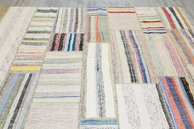 83x113, Kilim, Tribal Flatweave Area Rug, Turkish Handwoven White Beige Ivory Neutral, Stripe Patch Geometric Modern Natural Boho Chic photo 859.0