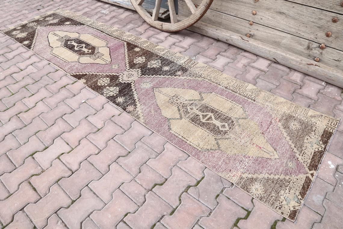Vintage Runner, Gypsy, Turkish Hallway Oushak Runner, Handmade, Wool, Home Decor, Faded Purple, Pink, Beige, Distressed Brown photo for sale