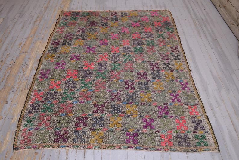 6.8x8.9, Turkish Kilim, Flatweave Rug, Vintage Kilim, Oushak Kilim, Wool, Famrhouse Area Rug, Grey Floor Decor, Turkish Rug, Kilim Rug, Gray