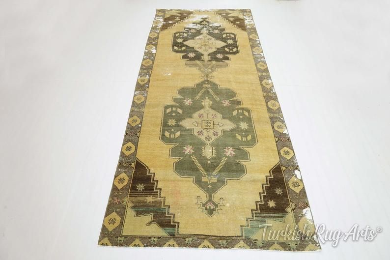 48x116 Ft, Hallway Runner, Wide, Turkish Runner, Vintage Runner, Wool, Handmade, Oushak Runner, Bohemian Runner, Red, Long Runner, Yellow