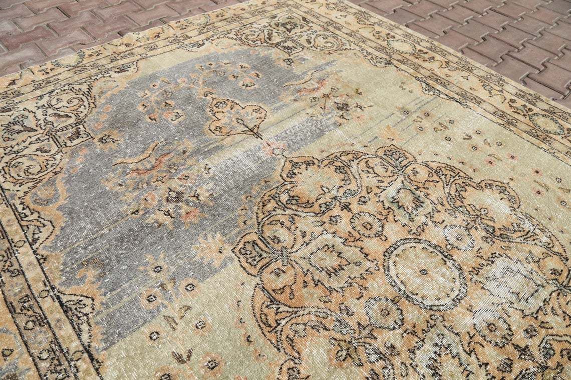 Turkish Vintage Rug, Area Oushak Rug, Beige Gray, Oriental Traditional Rug, Yellow Beige Wool Rug, Rugs Turkish, Turkey photo Textiles