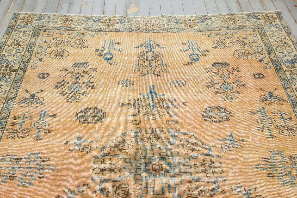 Turkish Rug, Bohemian Rug, Oushak Antique Orange Faded Teal Motif Rug, Area Rug, Oriental, Carpet, Rare, Rugs, Antique, Unique 6.3x9.3 photo 515.0