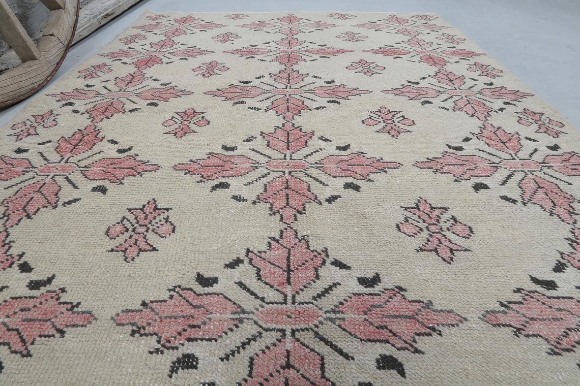 Distressed Turkish Rug, Beige Area Rug, Vintage Handmade Rug, Turkish Oushak Rug, Faded Red   Pink Floral Motifs, Boho Carpet 4.8x6.8 photo furniture