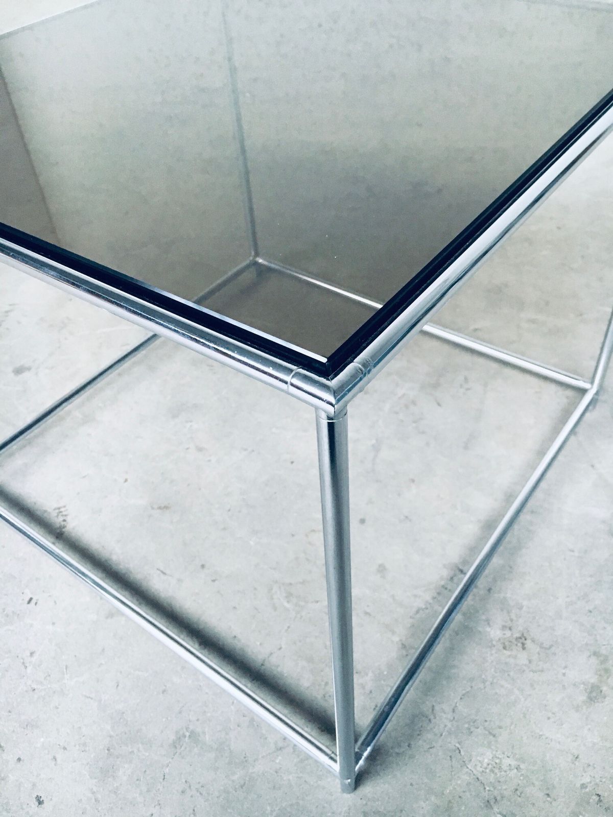 photo for sale 1970s Sleek Design Metal & Fumé Glass Square Side Table