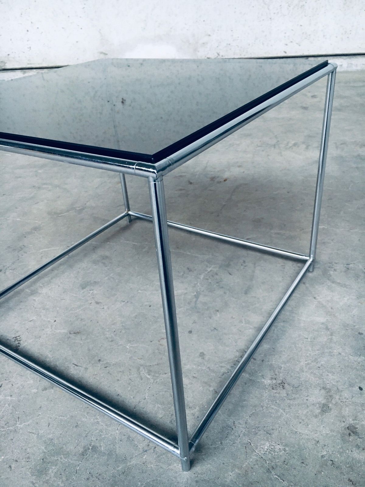 Furniture 1970s Sleek Design Metal & Fumé Glass Square Side Table photo