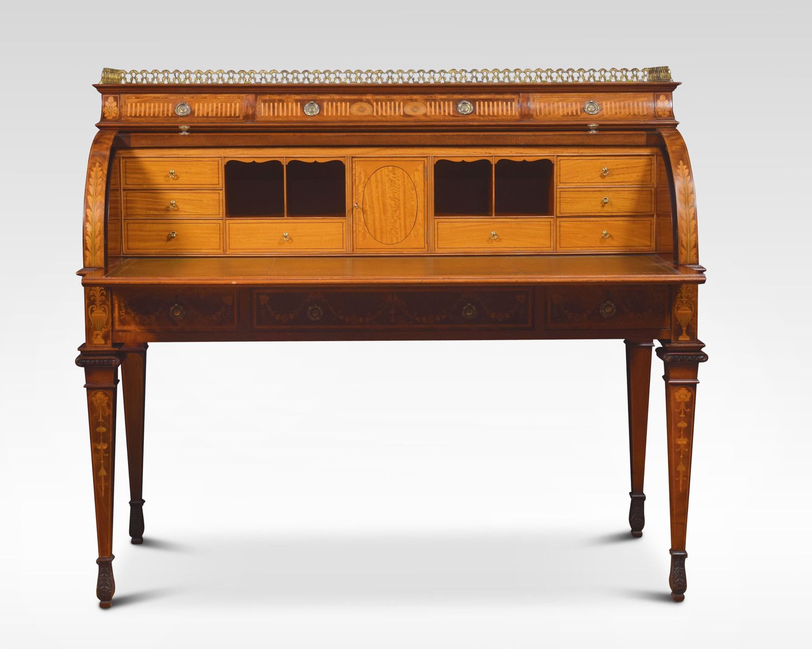 Substantial Sheraton Revival Marquetry Inlaid Cylinder Bureau photo 30930.0