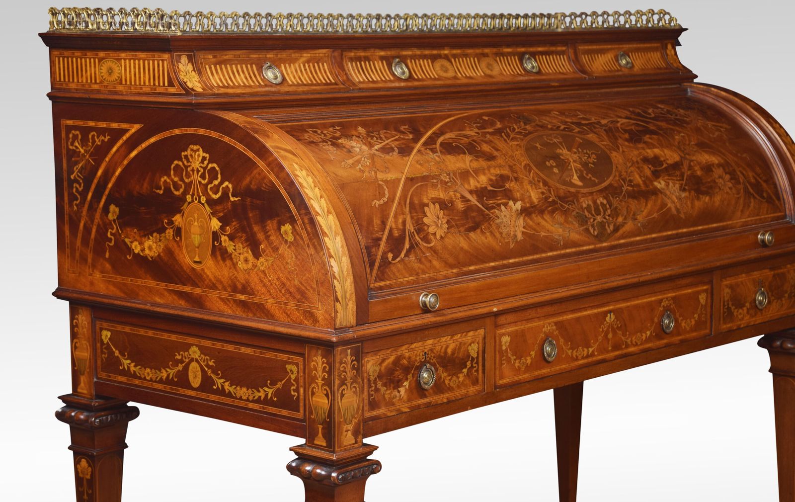 Substantial Sheraton Revival Marquetry Inlaid Cylinder Bureau photo vintage