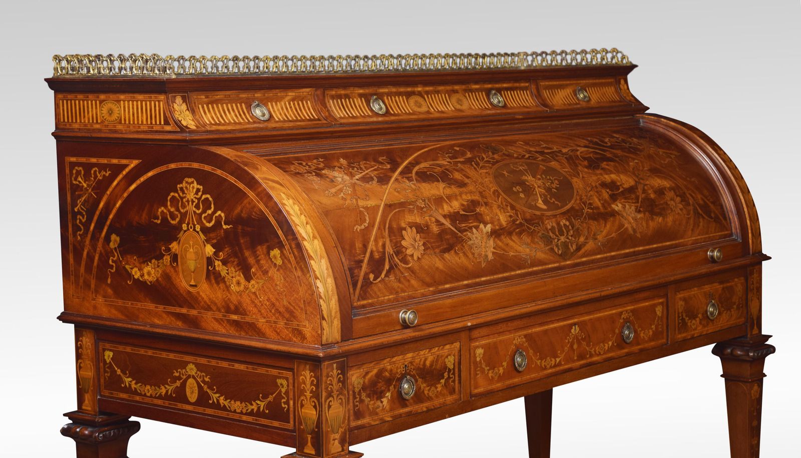 photo for sale Substantial Sheraton Revival Marquetry Inlaid Cylinder Bureau