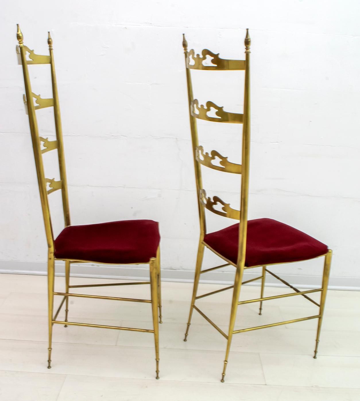 Pair Of Mid Century Modern Italian Brass High Back Chiavari Chairs, 50s photo for sale