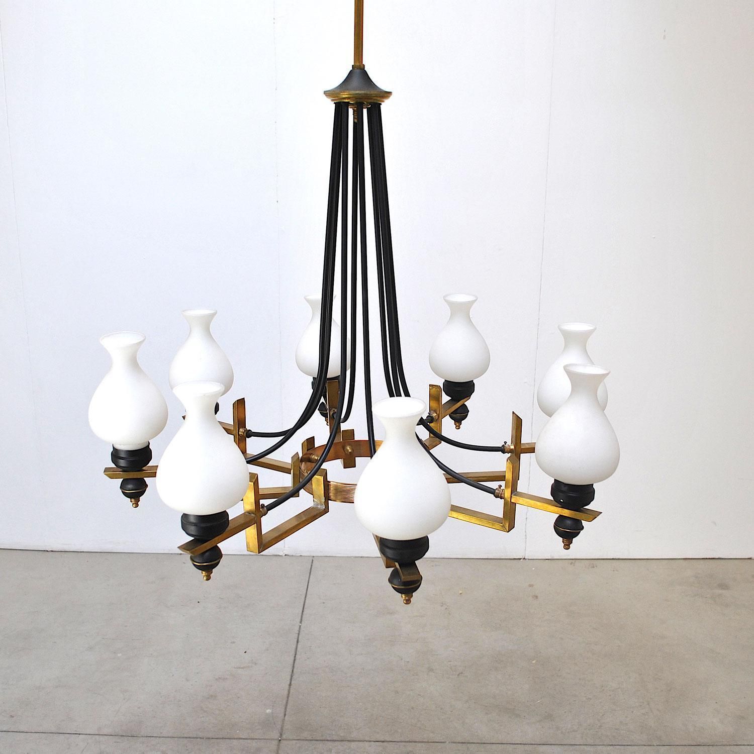 Stilnovo Italian Century Chandelier In Brass And Opaline photo Lighting