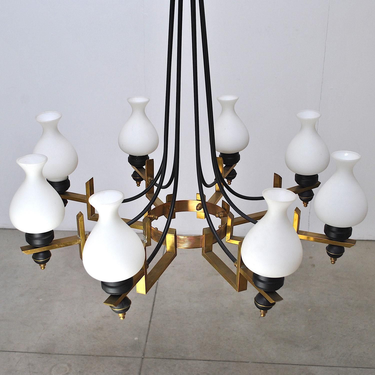 Stilnovo Italian Century Chandelier In Brass And Opaline photo vintage