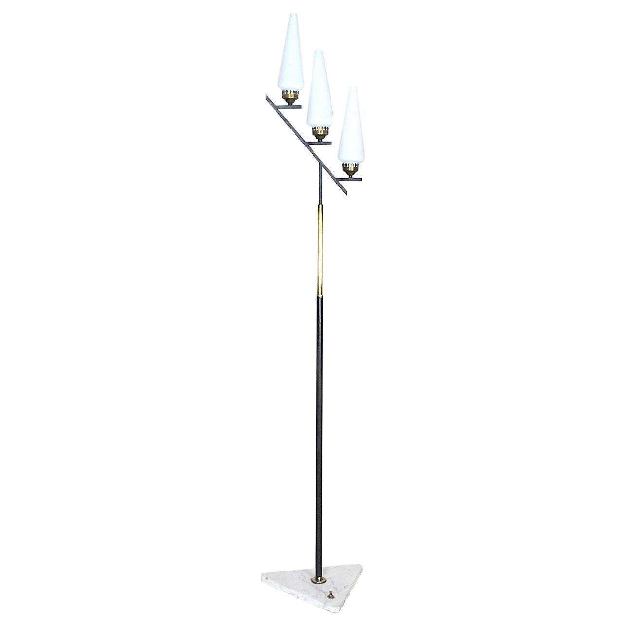 Stilnovo Italian Midcentury Floor Lamp In Brass And Opaline From The 1950s
