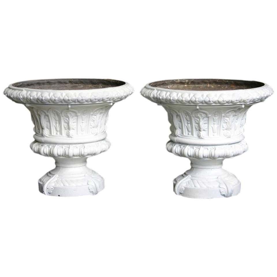 Antique Pair Of Mid Victorian Cast Iron Garden Urns