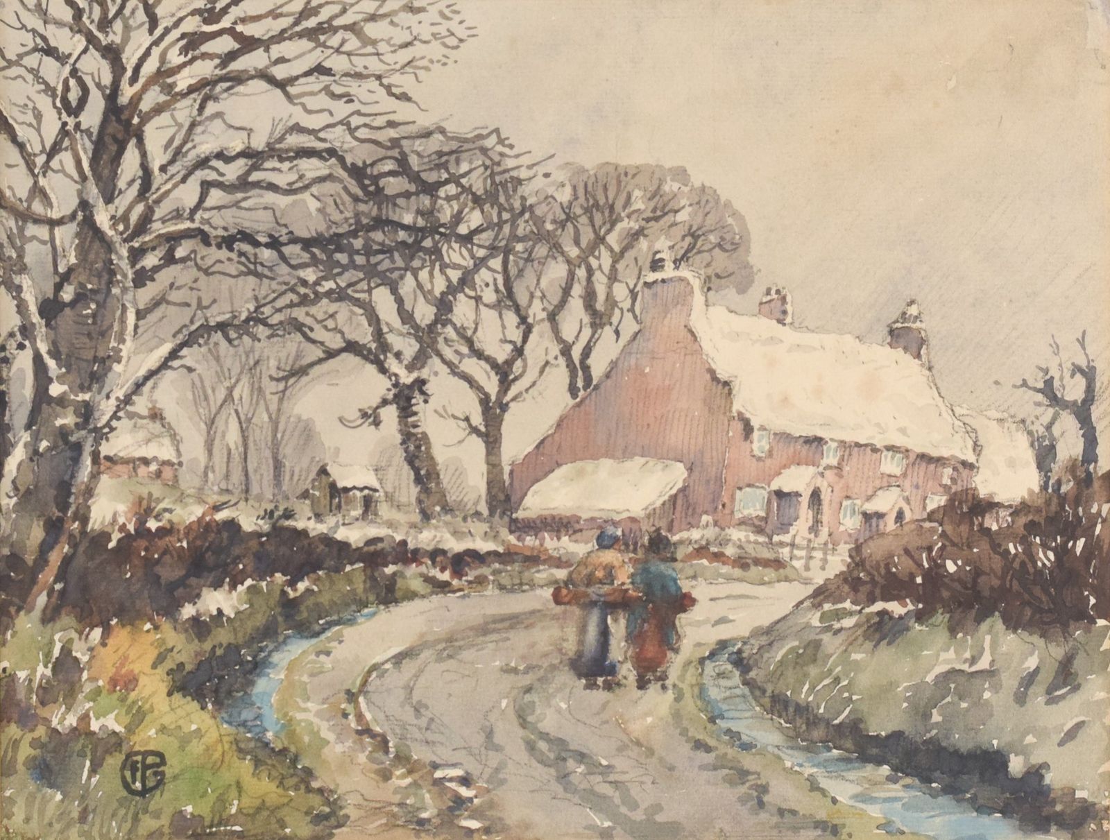 'Village In The Snow' – Aquarel Met Winterlandschap photo furniture
