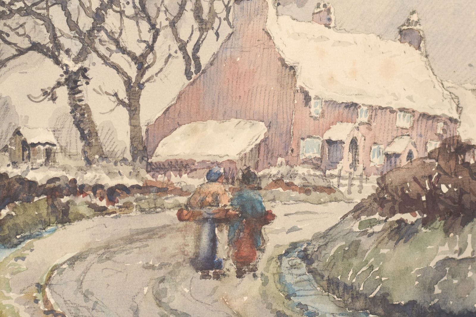 'Village In The Snow' – Aquarel Met Winterlandschap photo for sale