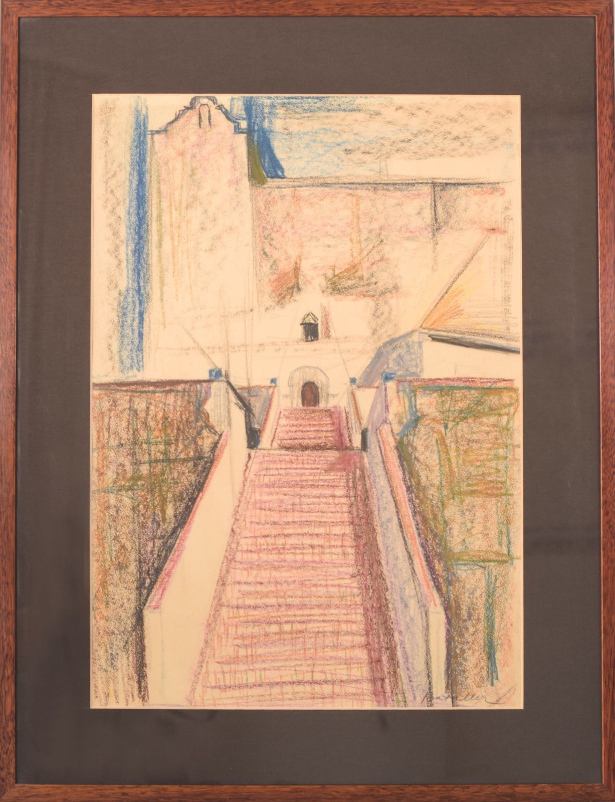 Modernistische Gekleurde Tekening Van Een Kerk En Trap