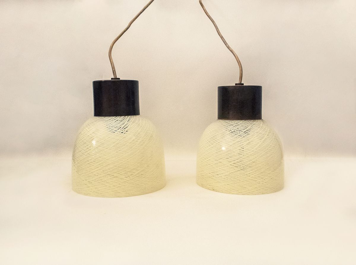 Murano Glass & Brass Ceiling Lamps By Carlo Scarpa For Venini, 1950s, Set Of 2 photo for sale