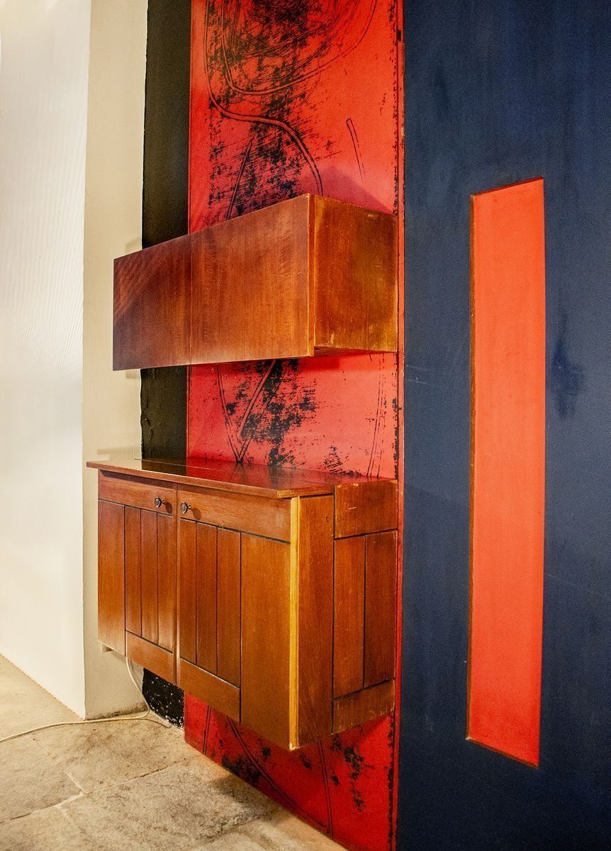 Italian Wooden Mobile Wall Unit With Bar Cabinet Decorated With Boiserie, 1958 photo furniture