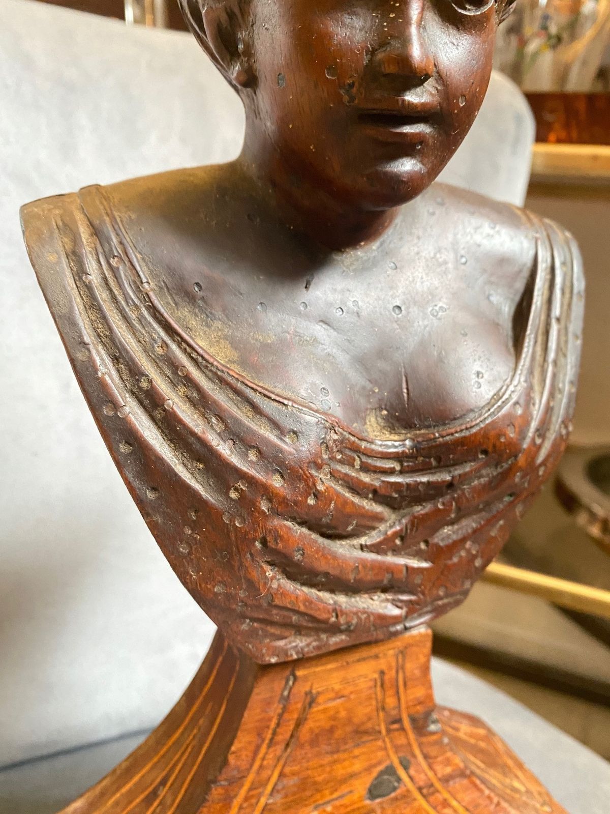 Italian Wooden Sculpture Of A Mid 19th Century Woman's Bust With Purfled Base. photo Art