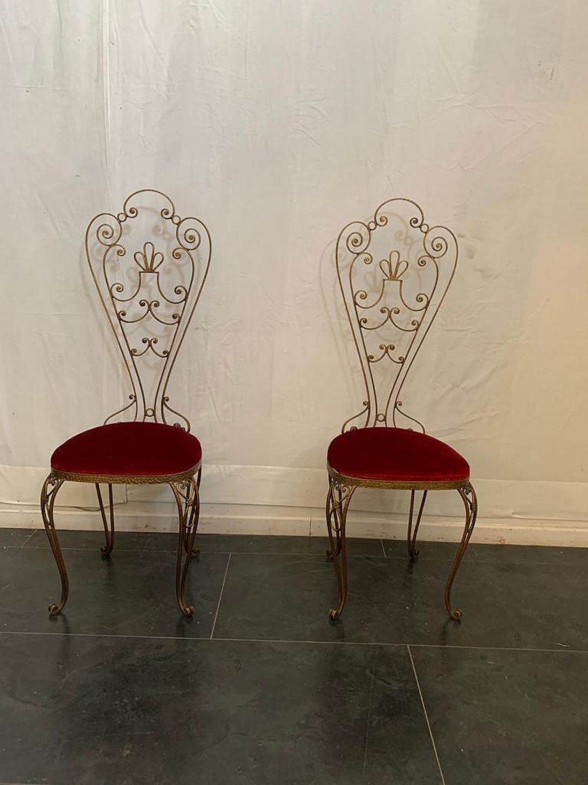 1127.36 Pair Of Wrought Iron Chairs With High Backrest, 50s photo