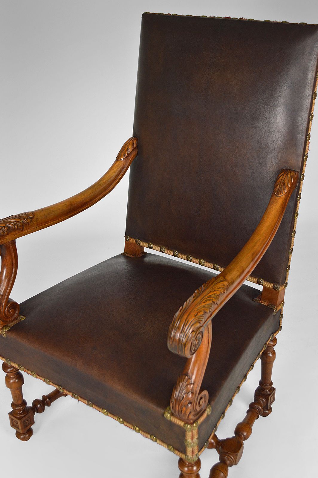 Louis XIII Style Desk Chair In Leather And Carved Walnut, 1860s photo vintage