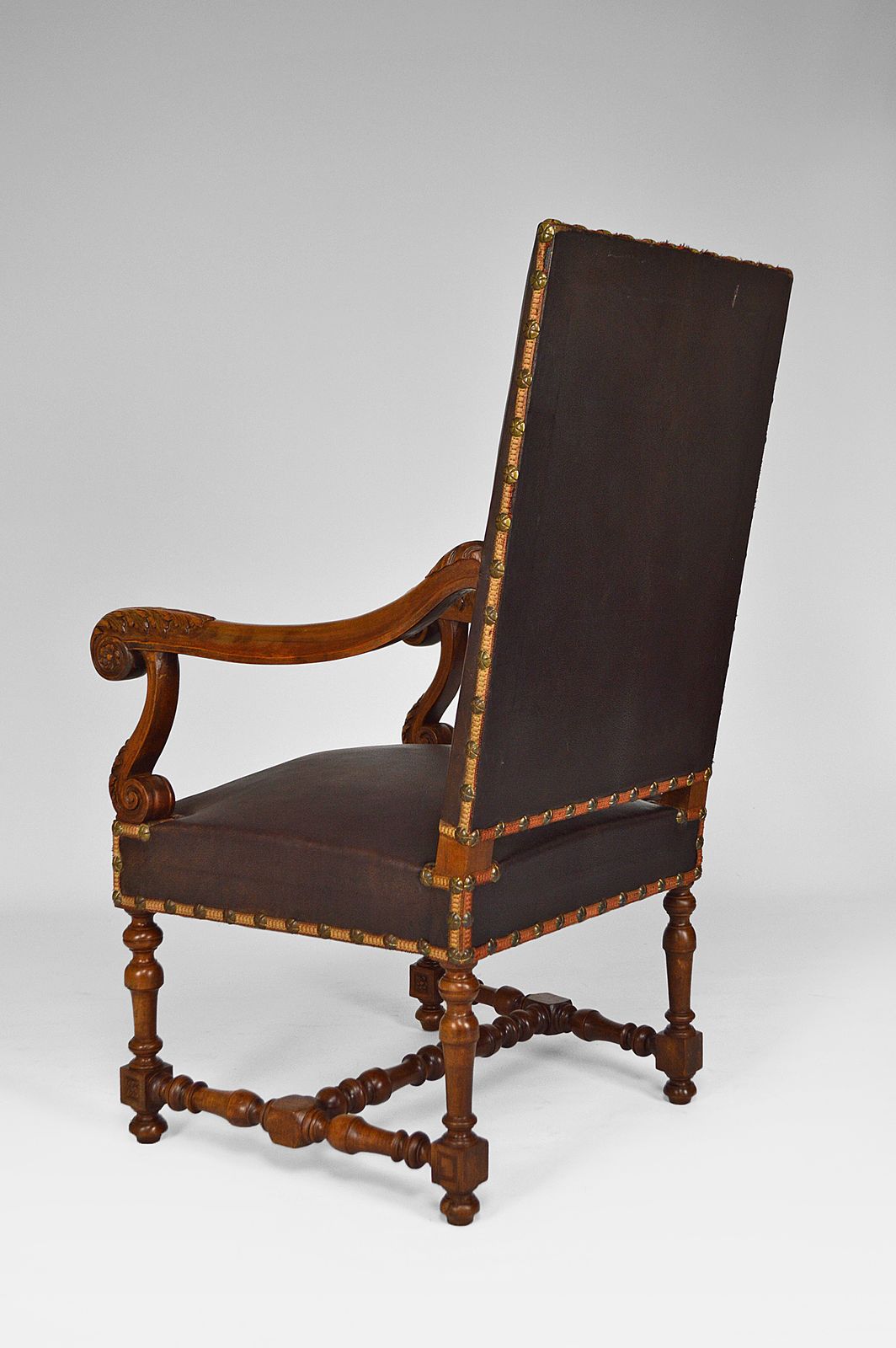 Louis XIII Style Desk Chair In Leather And Carved Walnut, 1860s photo vinterior