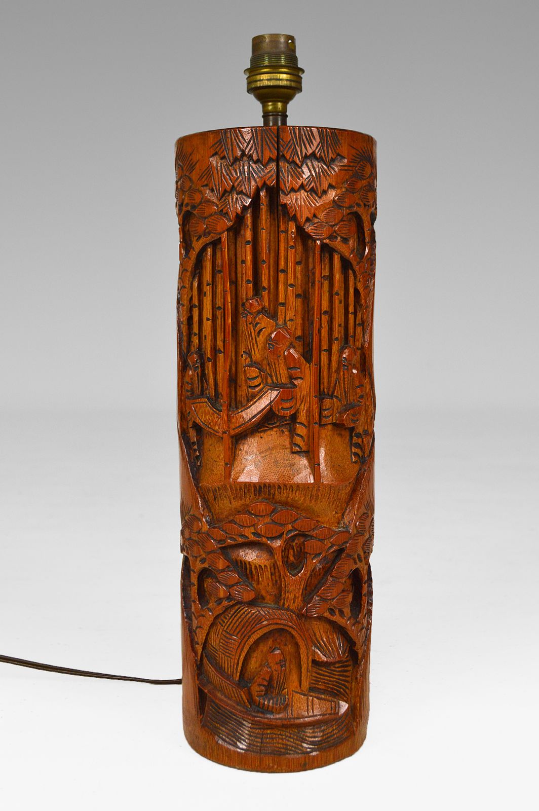 Asian Living Room Table Lamp In Carved Wood, 1940s