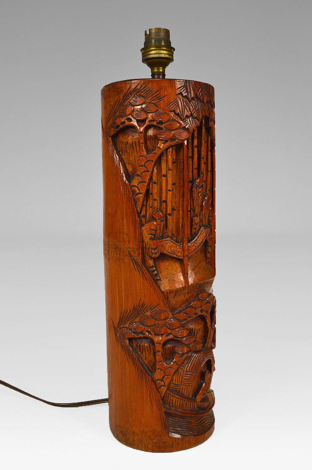 Asian Living Room Table Lamp In Carved Wood, 1940s photo vinterior