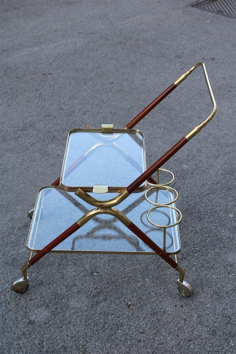 Midcentury Italian Design Bar Cart Wood And Brass Gold Glass Top Removable Tray photo furniture