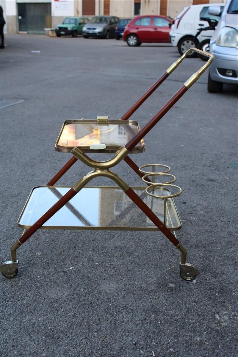 Midcentury Italian Design Bar Cart Wood And Brass Gold Glass Top Removable Tray photo for sale