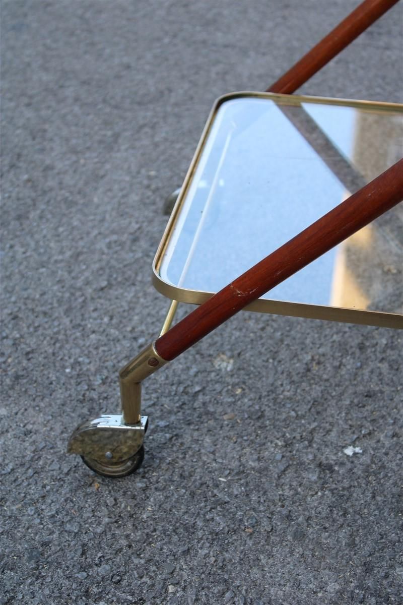 Midcentury Italian Design Bar Cart Wood And Brass Gold Glass Top Removable Tray photo vintage