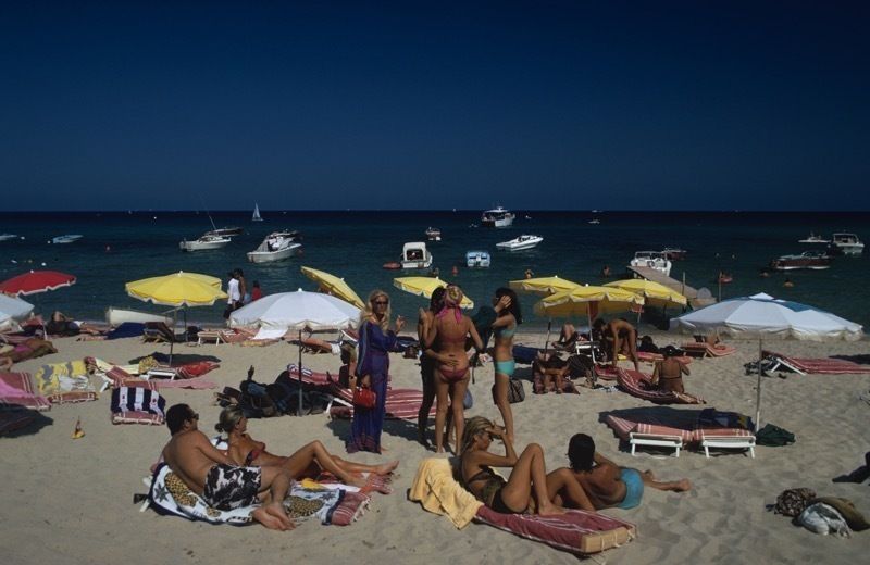 Slim Aarons 'Saint Tropez Beach' 1971 C Type Print Framed In Black photo furniture