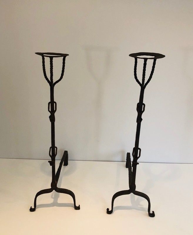 Pair Of Wrought Iron Landiers. French. 17th Century photo for sale