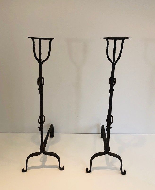 Pair Of Wrought Iron Landiers. French. 17th Century photo Home Fixtures