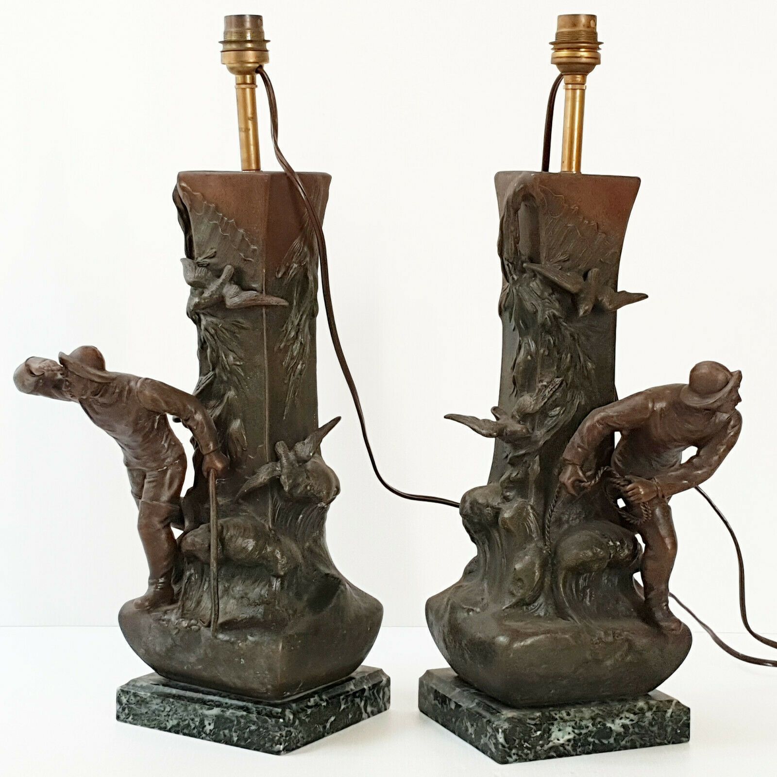Paar Visserslampjes – Art Deco, Vintage, Jaren 1930–1940, Metaal En Marmer
