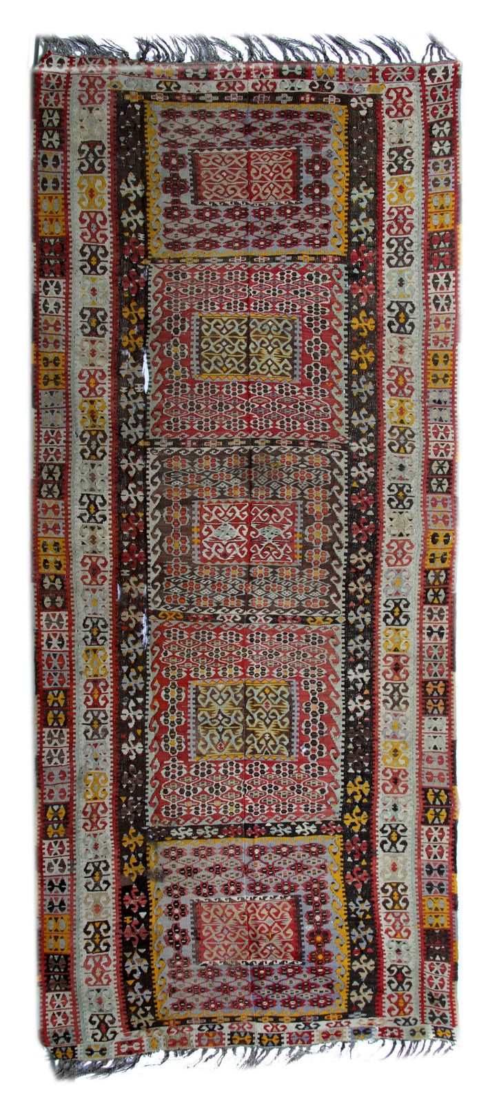 Large Antique Kilim Rug, Handwoven Geometric Turkish Flat Weave Carpet 158x438 Cm