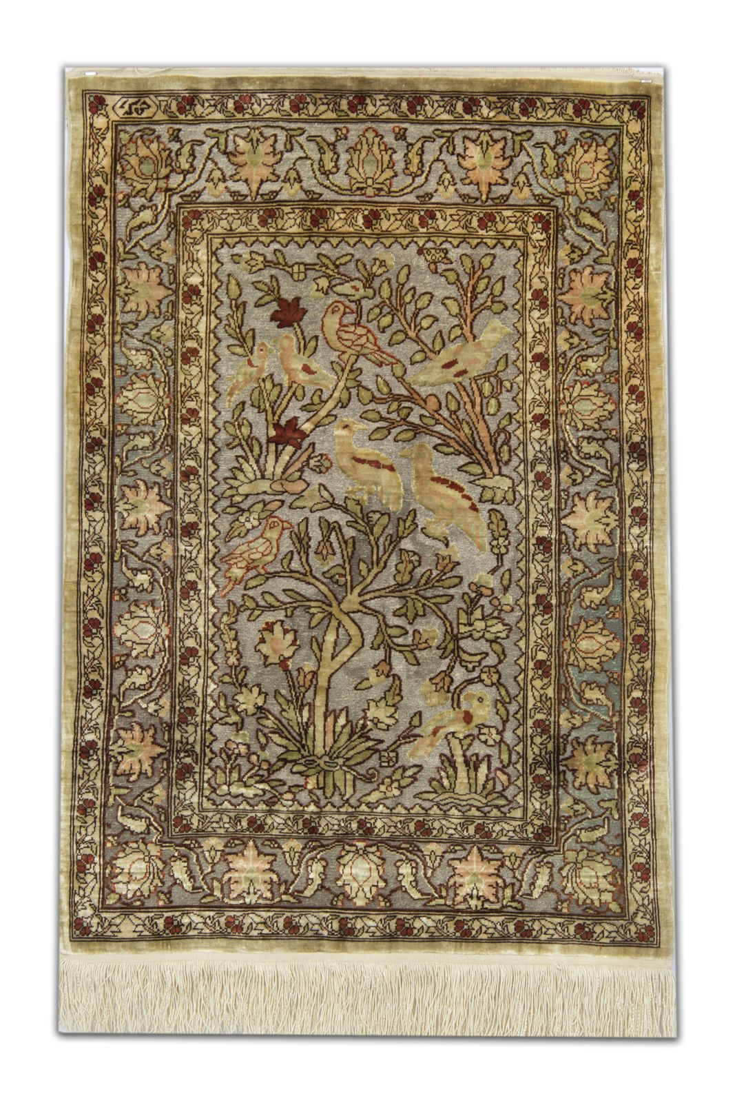 Small Oriental Handmade Carpet Turkish Hereke Metallic Silk Rug 50x183 Cm