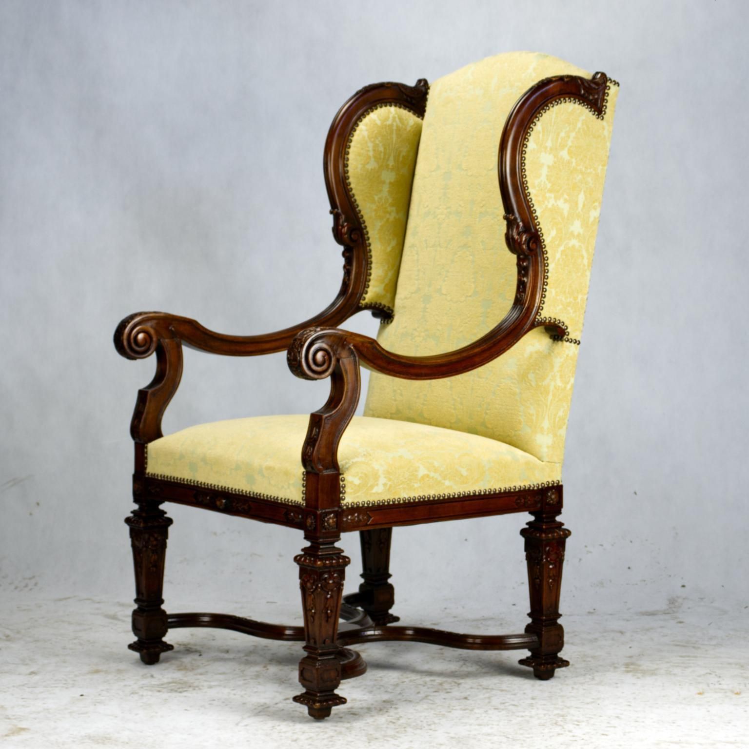 Fully Restored Hand Carved French Louis XIV Walnut Wingback Armchair, 1800s photo 3105.0