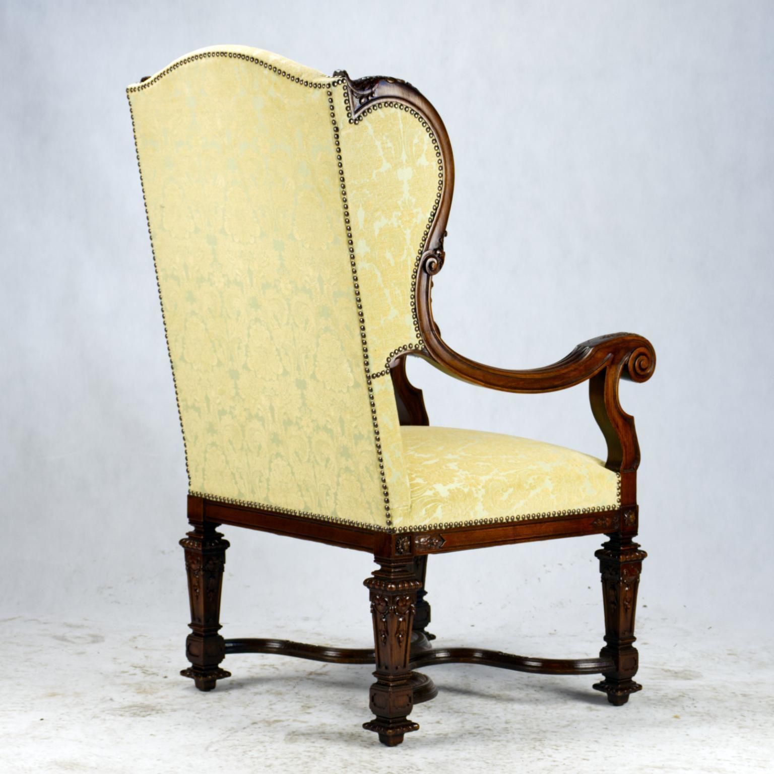 Furniture Fully Restored Hand Carved French Louis XIV Walnut Wingback Armchair, 1800s photo