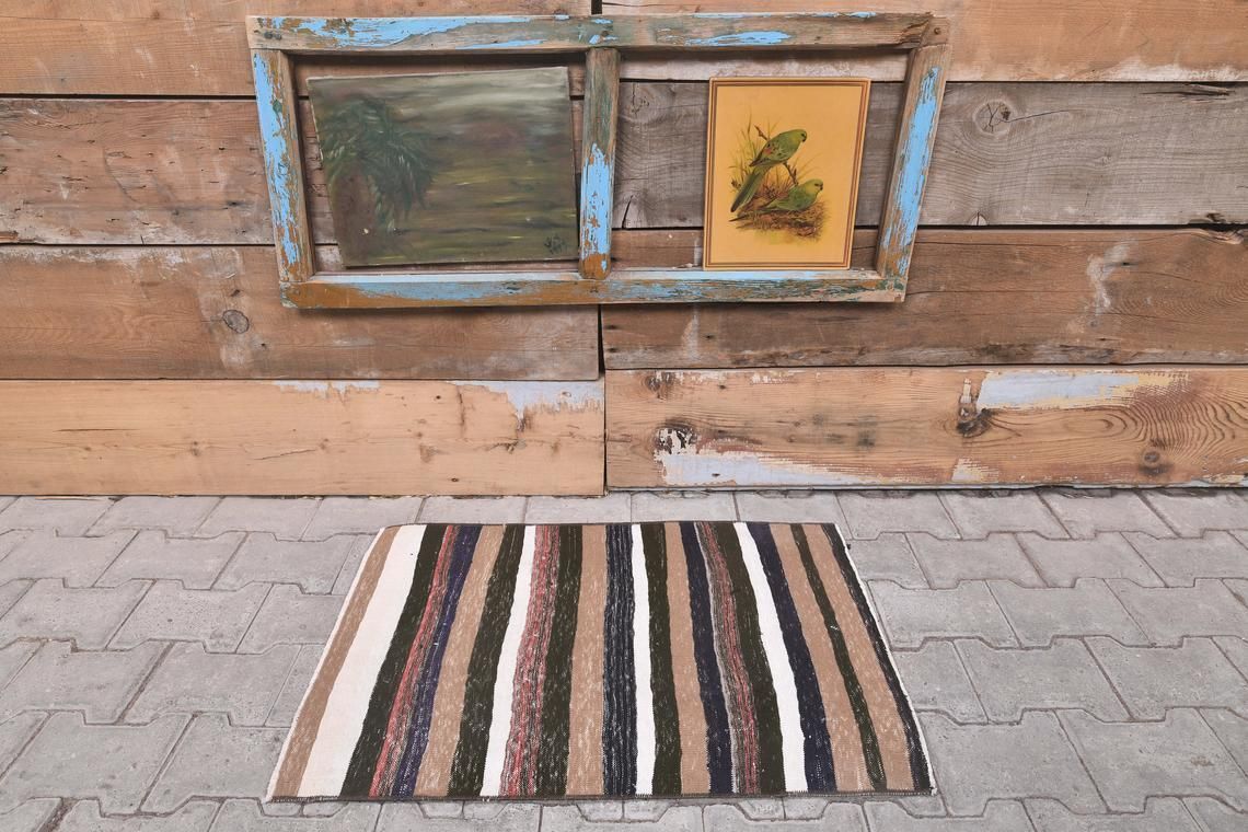 2’0” X 2’8” Ft Handmade Turkish Vintage Oushak Kilim, Door Mat Kilim, Handmade Wool Oriental Doormat, Brown Black Mini Kilim, One Of A Kind photo furniture