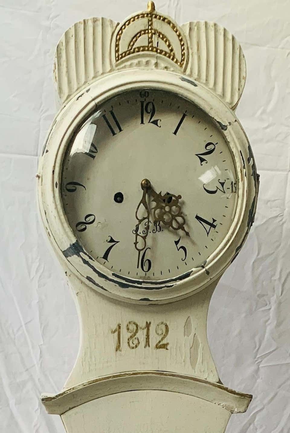 Swedish White Mora Clock 1812 Antique Carved Fryksdal Grandfather photo furniture