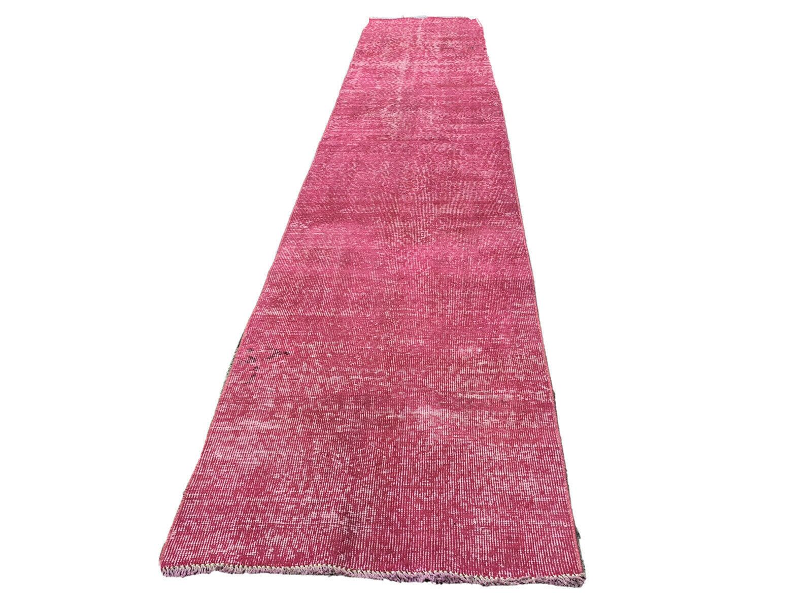 Distressed Turkish Narrow Runner Wool Vintage Rug, Over Dyed Pink photo Textiles