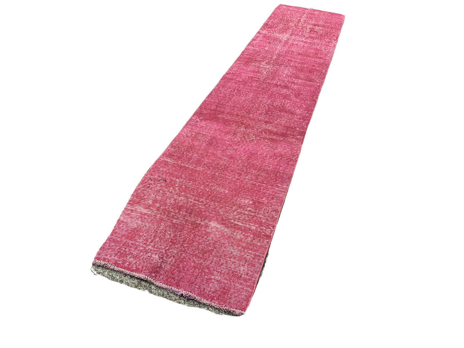 Distressed Turkish Narrow Runner Wool Vintage Rug, Over Dyed Pink photo vinterior