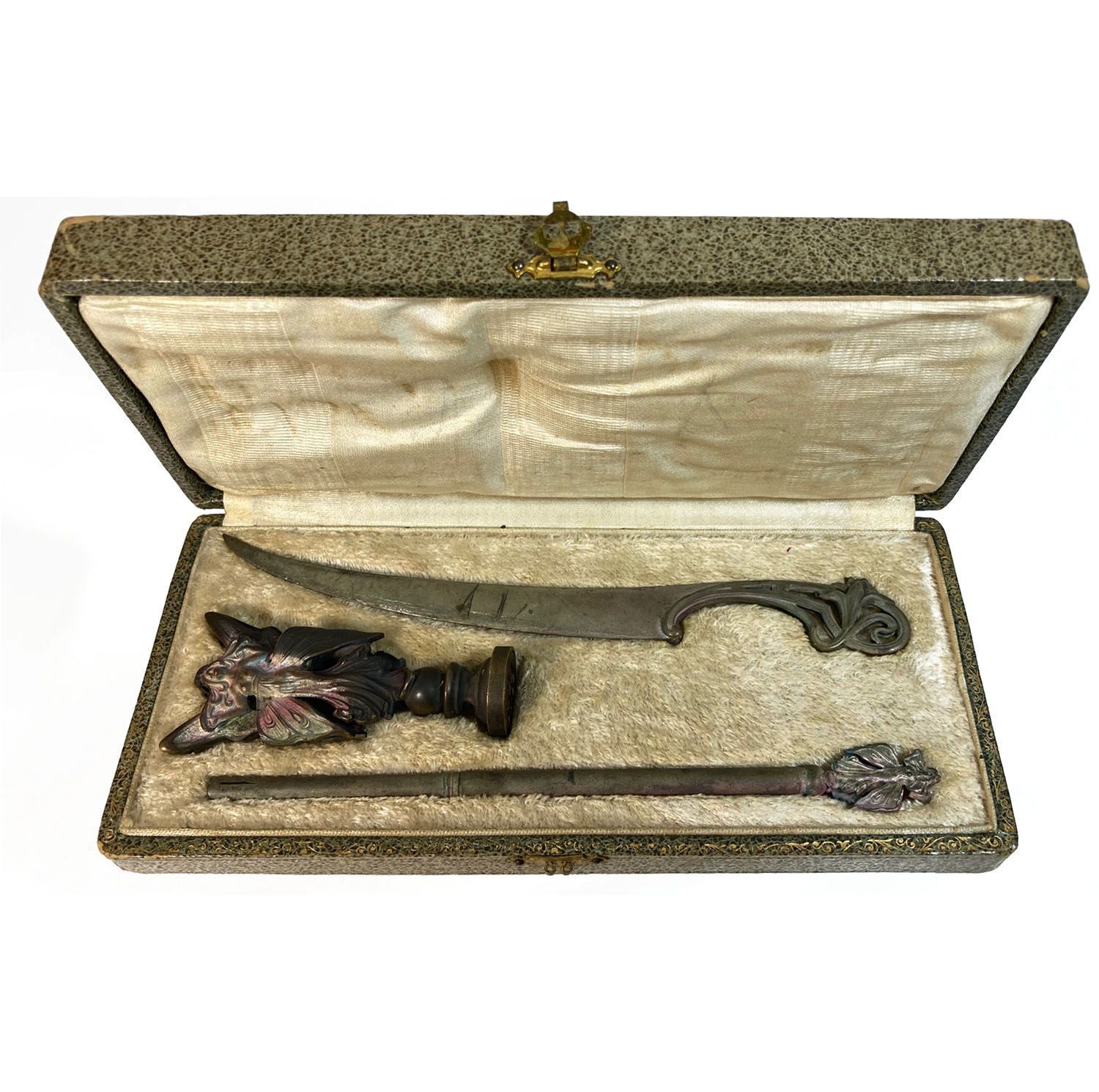 Old 3 Piece Art Nouveau Woman Butterfly Seal Box