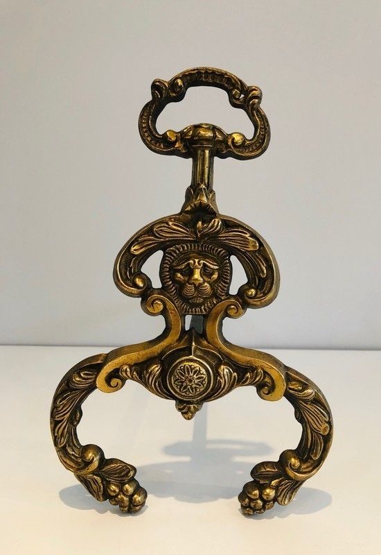 Pair Of Neoclassical Style Bronze And Wrought Iron Andirons With Lions Faces. French. Circa 1940 photo vinterior