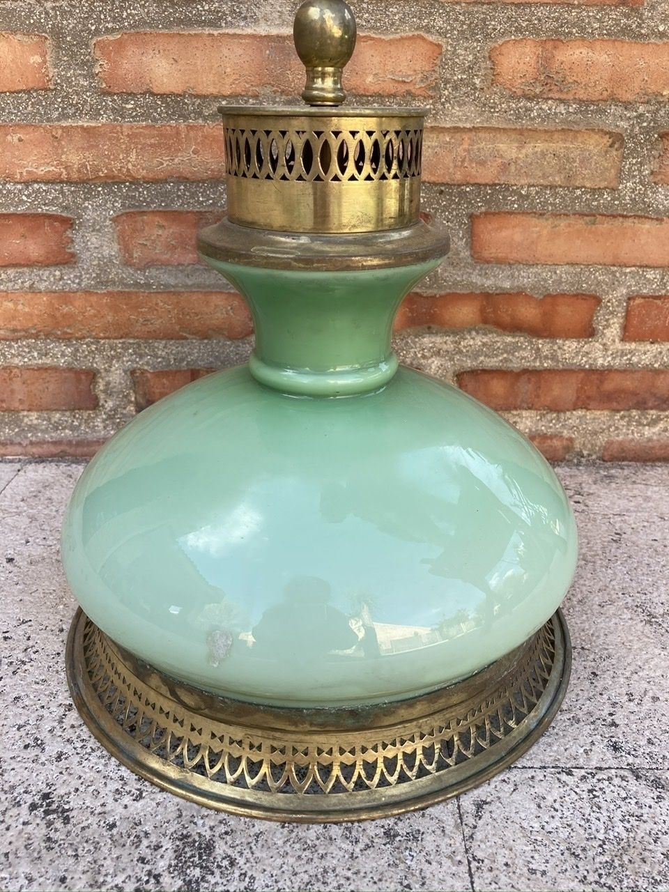 photo for sale Mid Century Pulley Pendant Lamp With Opaline Green Crystal And Brass