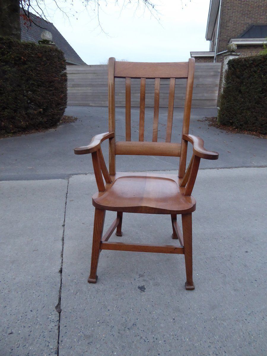 Art Nouveau British Oak Armchair From Bennett Bros Birmingham, 1890s photo vinterior
