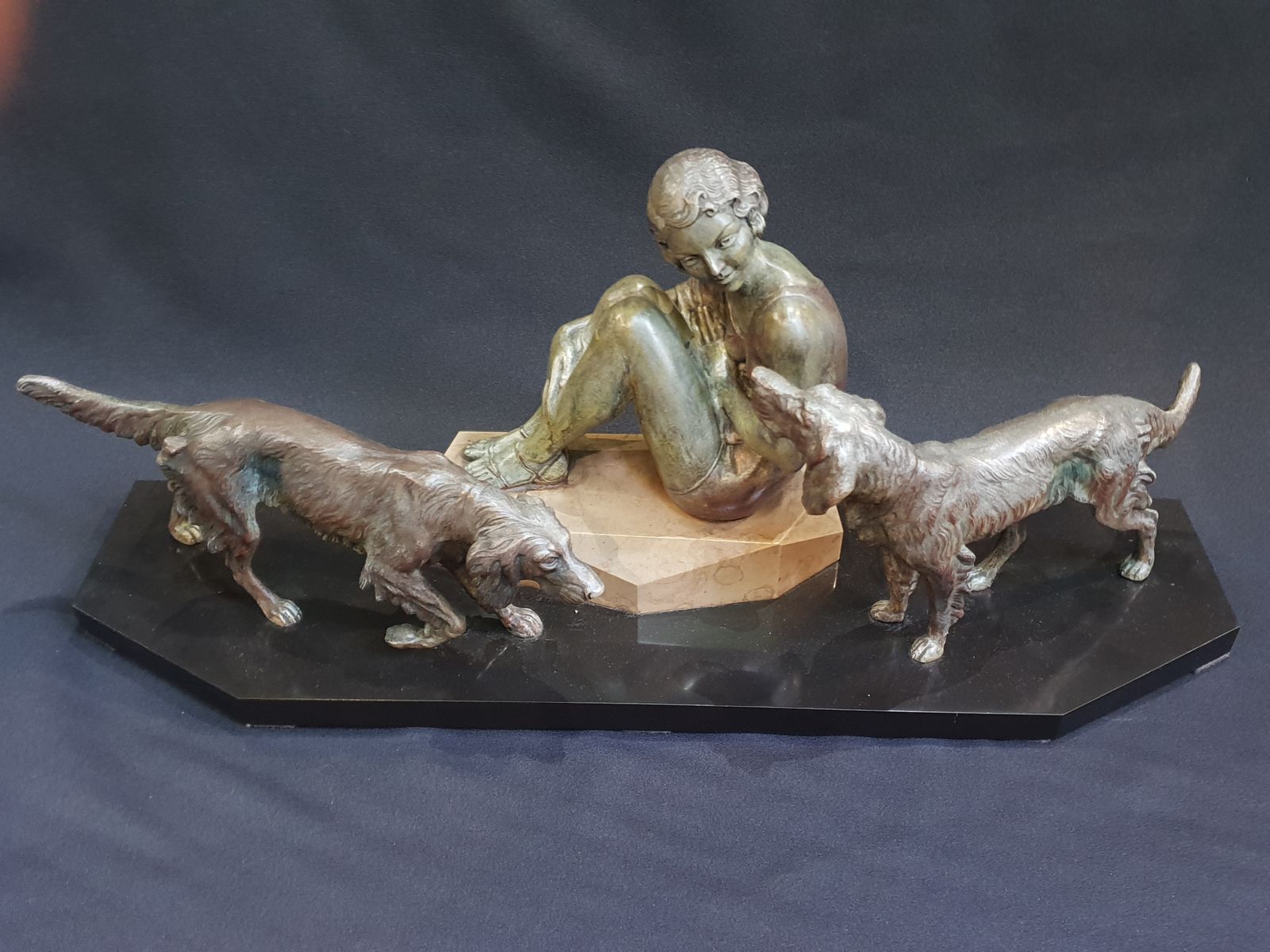Art Deco Sculpture Of A Girl Walking The Dogs